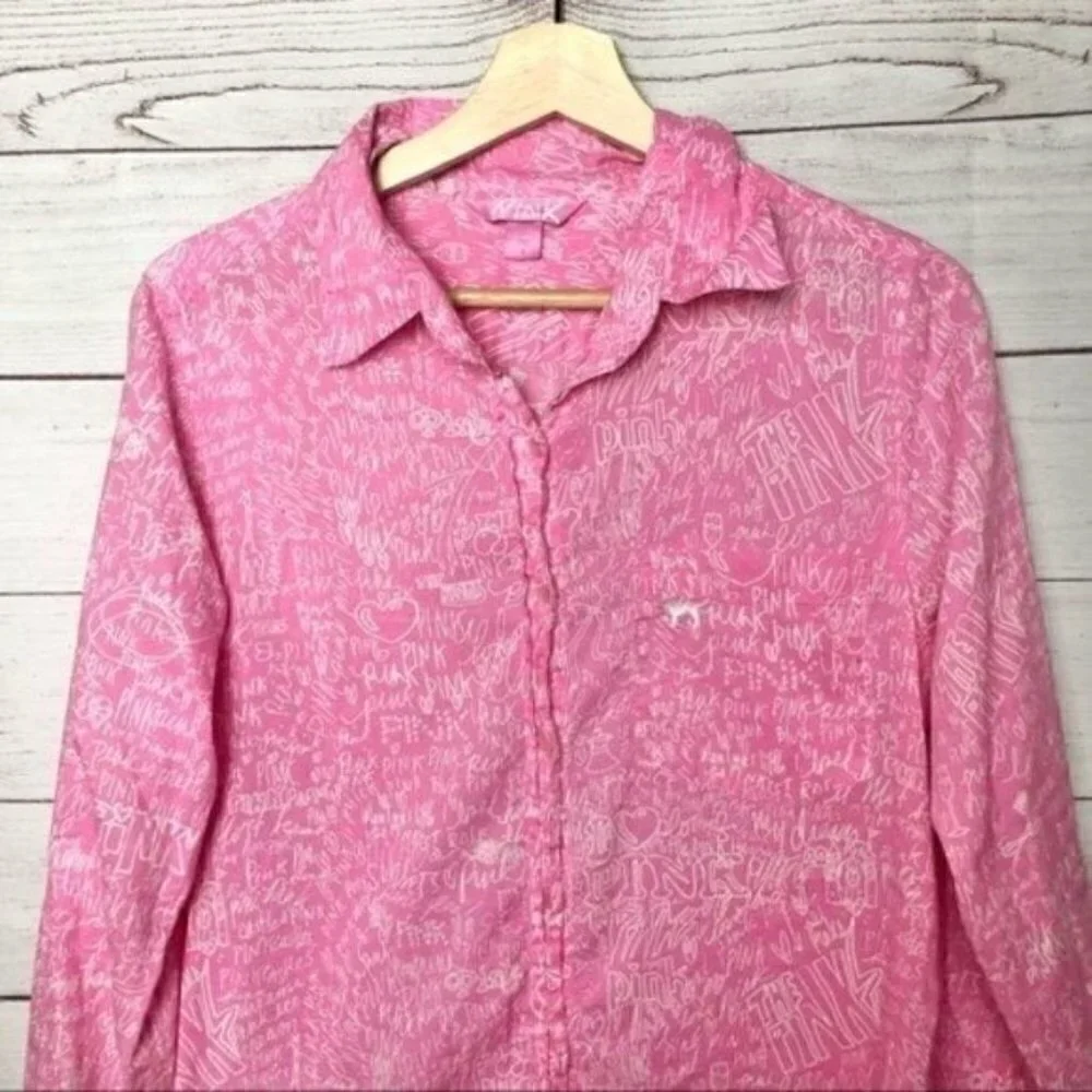 Pink Victoria's Secret Pink & White Button Down‎ Pocket Front Pajama Sleep Shirt